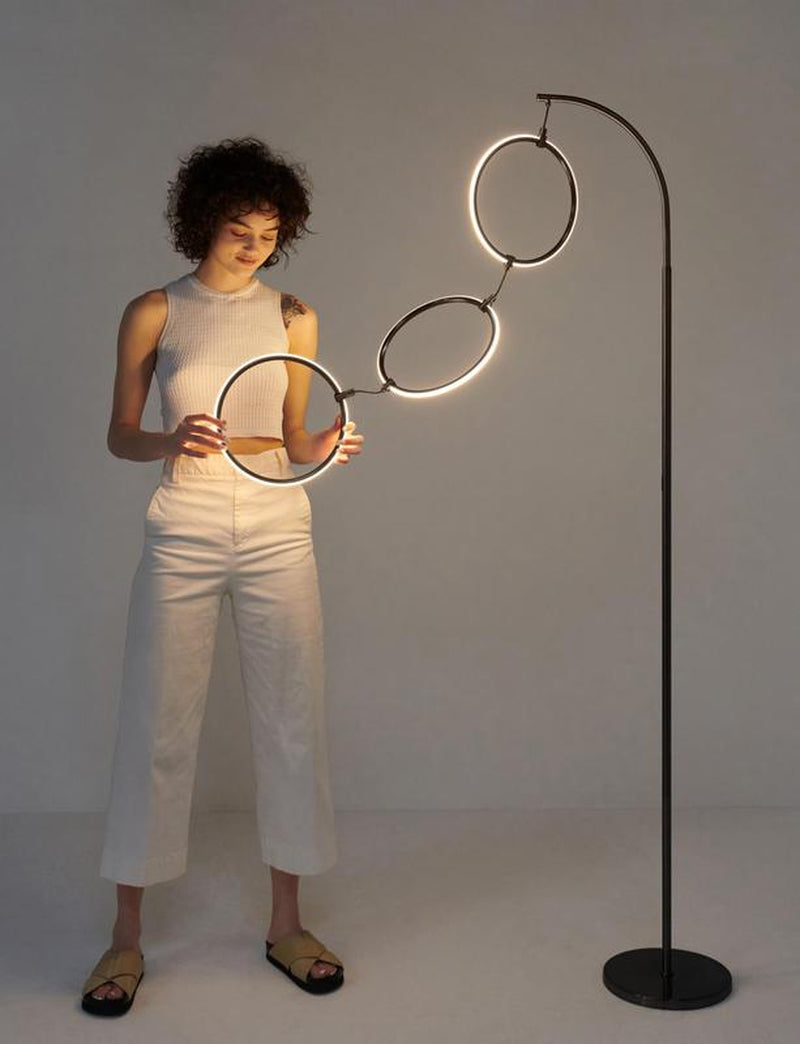 Brightech Nova Modern Floor Lamp Matches Living Room Décor - Contemporary Arc Tall Lamp with 3-Circle Ring-Style Pendant - over the Couch Standing on Arching Pole