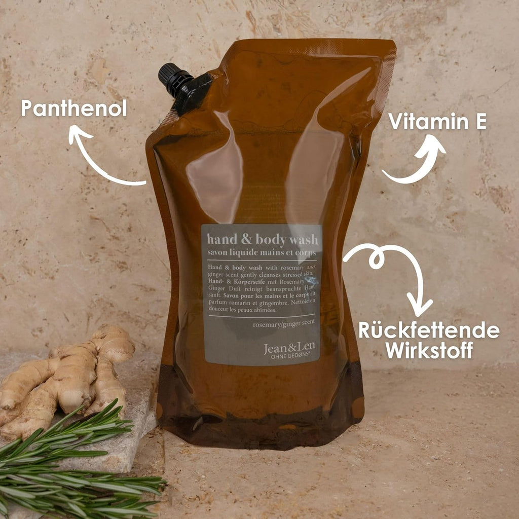 Jean & Len Hand & Body Wash Rosemary Und Ginger Im Nachfüllbeutel, Reinigt Und Pflegt Die Haut, Würzig-Frischer Duft, Flüssigseife Im Nachfüllpack, Ohne Silikone & Parabene, 1,5L