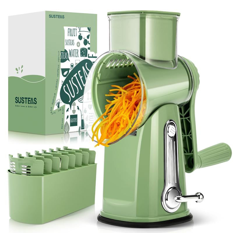 SUSTEAS Rotary Cheese Grater with Handle, 5 Designed Blades and Strong Suction Cup Base, Mandoline Slicing Kitchen Utensil Retro Green Food Cooking Vegetable Slicer Dicer