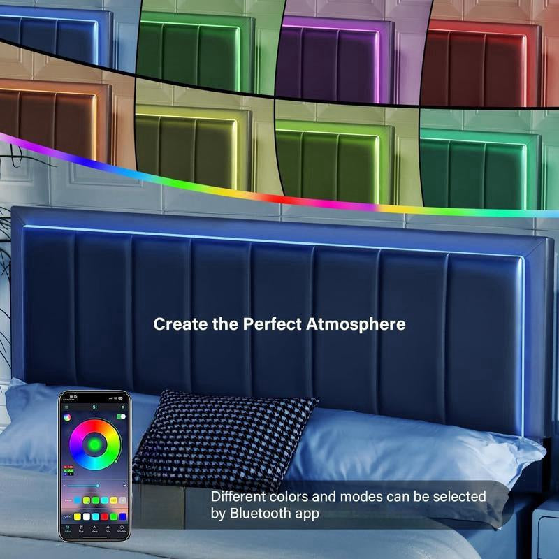 HOMBCK Led Bed Frame, No Mattress, Soft Modern Bed Frame with Luxury Leather Headboard, APP Adiust the Light, No Box Spring Needed