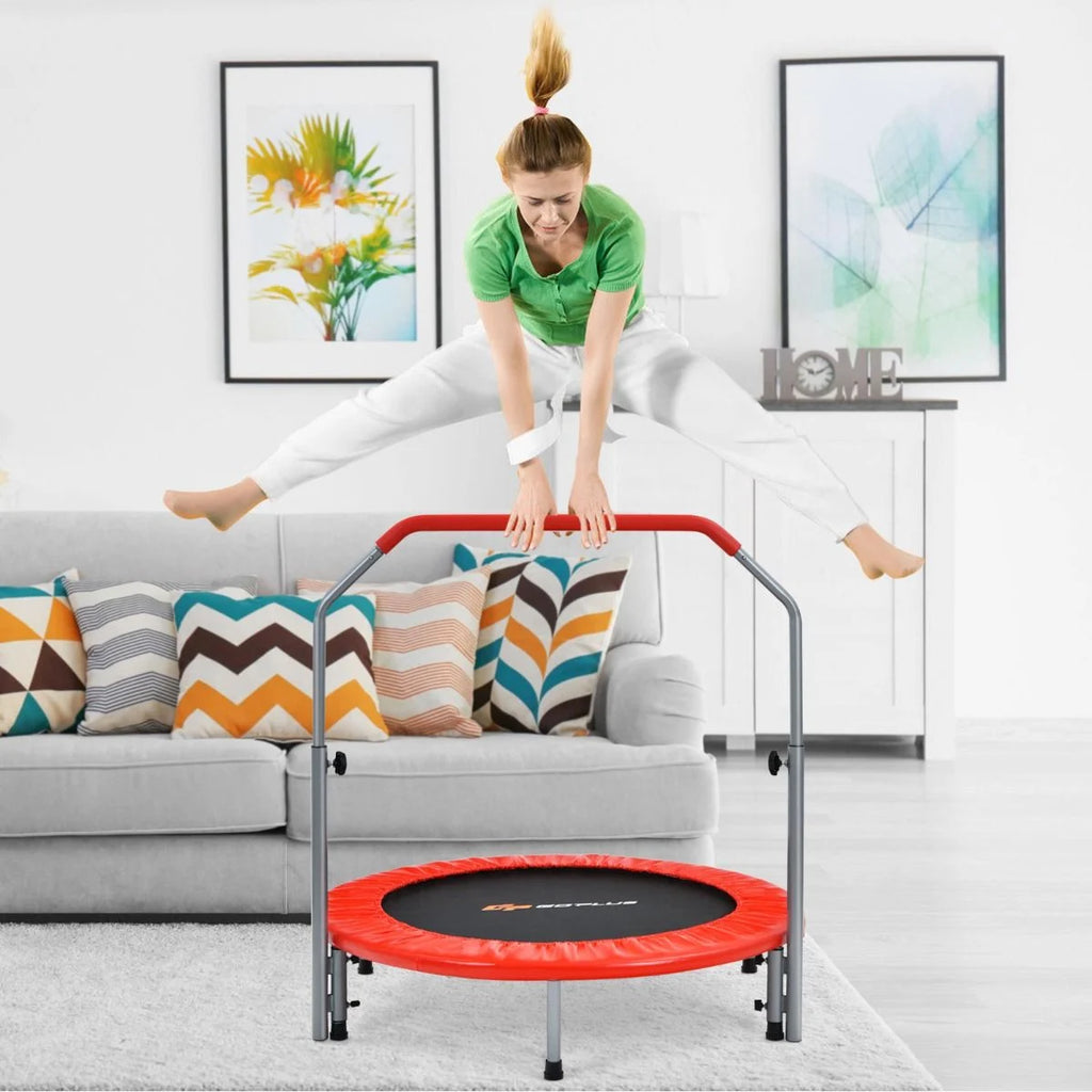 Ø101 Cm Klappbares Mini-Trampolin Fitness-Trampolin Mit Höhenverstellbarm Haltegriff