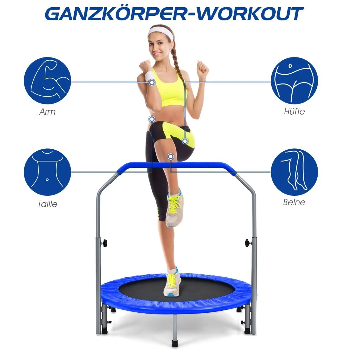 Ø101 Cm Klappbares Mini-Trampolin Fitness-Trampolin Mit Höhenverstellbarm Haltegriff