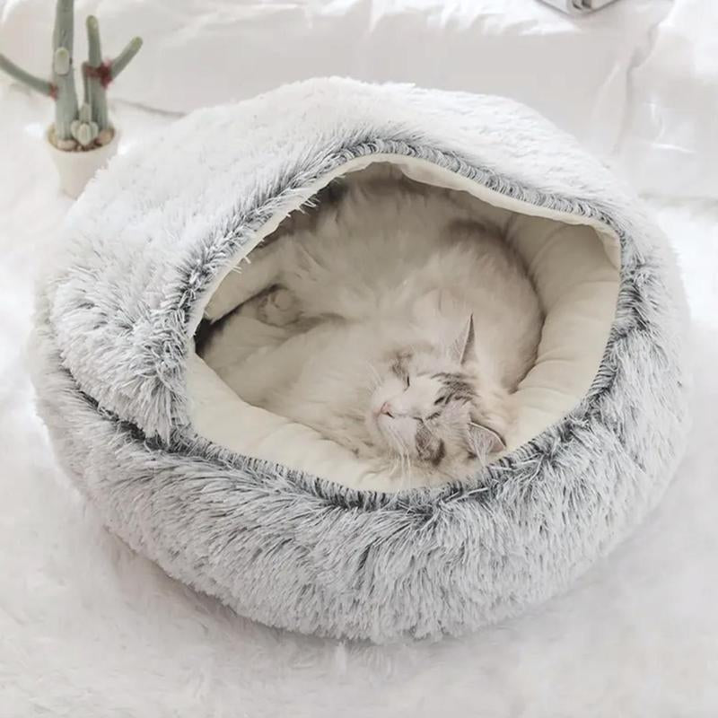 Fluffy Warm Cat Bed, Semi-Enclosed Velvet Pet Bed, Winter Cat Nest, Pet Supplies