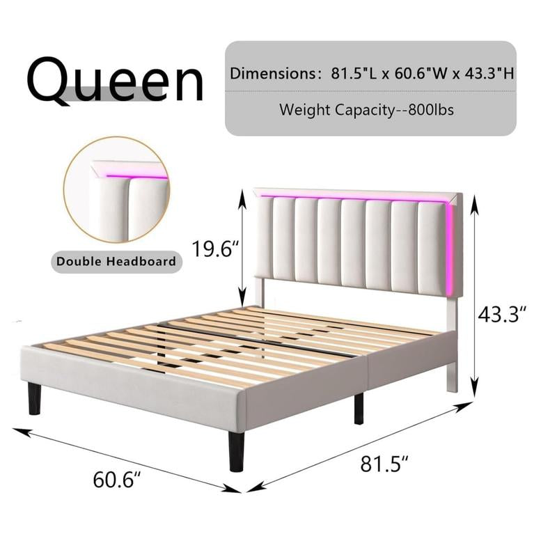 HOMBCK Led Bed Frame, No Mattress, Soft Modern Bed Frame with Luxury Leather Headboard, APP Adiust the Light, No Box Spring Needed