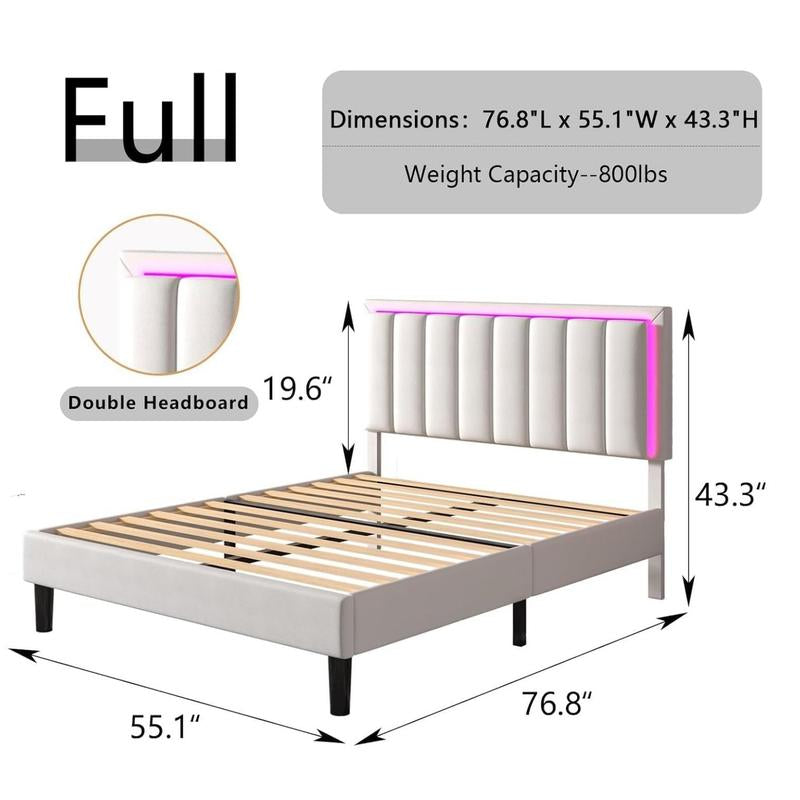 HOMBCK Led Bed Frame, No Mattress, Soft Modern Bed Frame with Luxury Leather Headboard, APP Adiust the Light, No Box Spring Needed