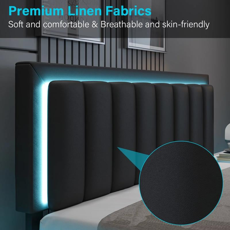 HOMBCK Led Bed Frame, No Mattress, Soft Modern Bed Frame with Luxury Leather Headboard, APP Adiust the Light, No Box Spring Needed