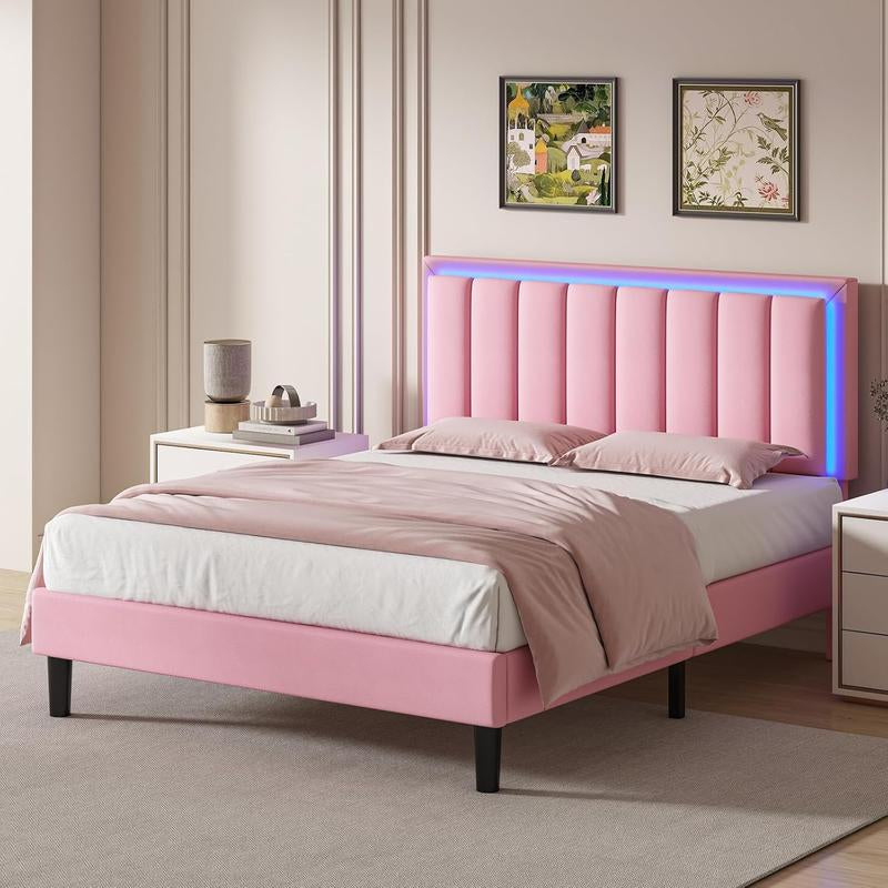 HOMBCK Led Bed Frame, No Mattress, Soft Modern Bed Frame with Luxury Leather Headboard, APP Adiust the Light, No Box Spring Needed