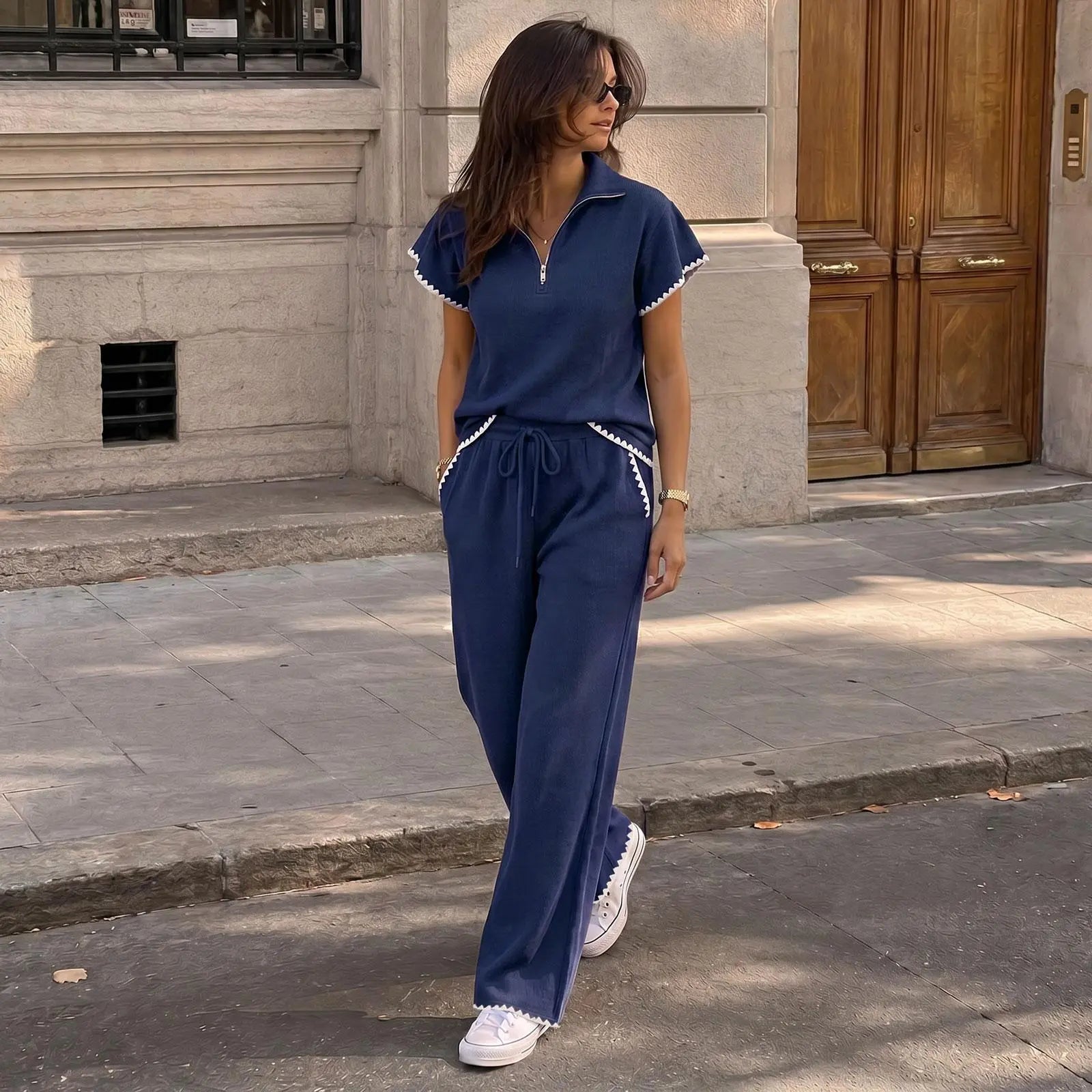 Imily Bela Scalloped Trim Waffle Knit Two Piece Set Women Half‑Zip Top & Wide Leg Pants Casual Lounge Outfit